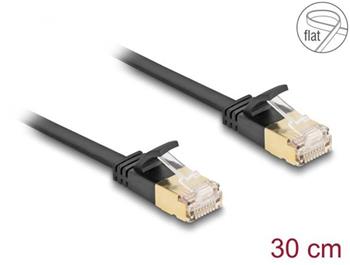 Delock Síťový kabel RJ45 Cat.6A, ze zástrčky na zástrčku,s robustní západkou a hrubým plochým kabelem Cat.7,U/FTP, 0,3 m
