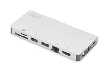 Digitus Cestovní dokovací stanice USB-C Multiport, 8 portů 2x video, 2x USB-C, 2x USB3.0, čtečka karet RJ45,2x