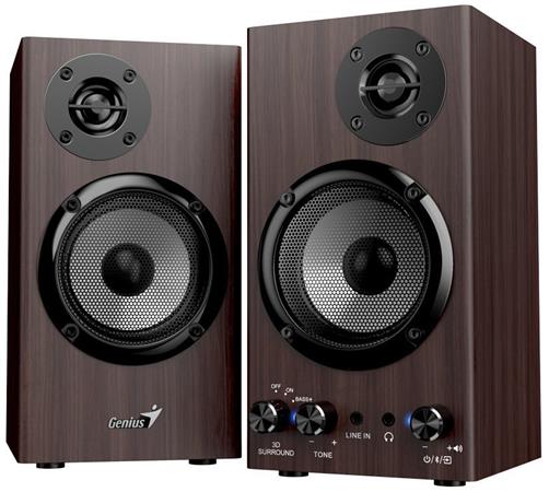 Genius SP-HF520BT, Reproduktory, 2.0, 20W, Bluetooth, 3,5mm jack, dřevěné, tmavě hnědé