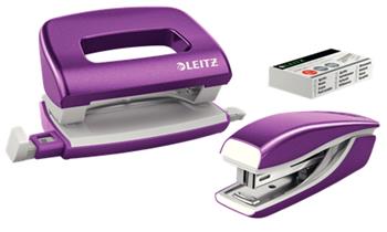 LEITZ Set mini sešívačky a děrovačky WOW, purpurová
